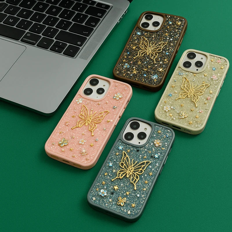 3D Butterfly Glitter Phone Case with Rhinestone Accents