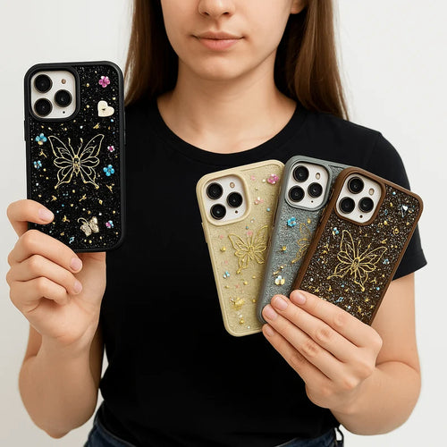 3D Butterfly Glitter Phone Case with Rhinestone Accents