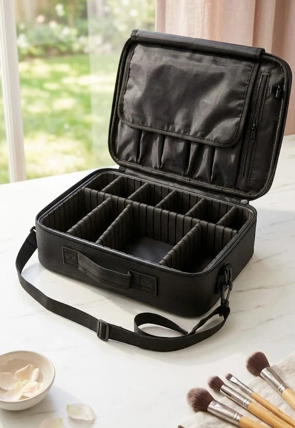 Structured Makeup Case with Brush Holders and Shoulder Strap