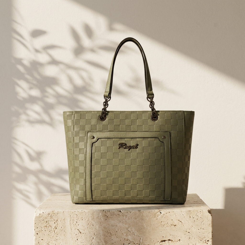 Checkered Print Chain-Strap Tote Bag – Sage Green