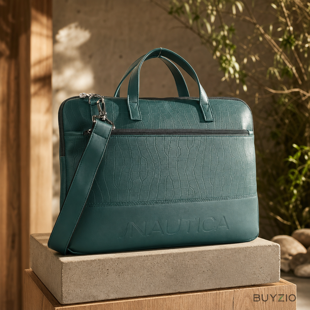 Padded Laptop Bag with Croc-Embossed Texture – Dark Green