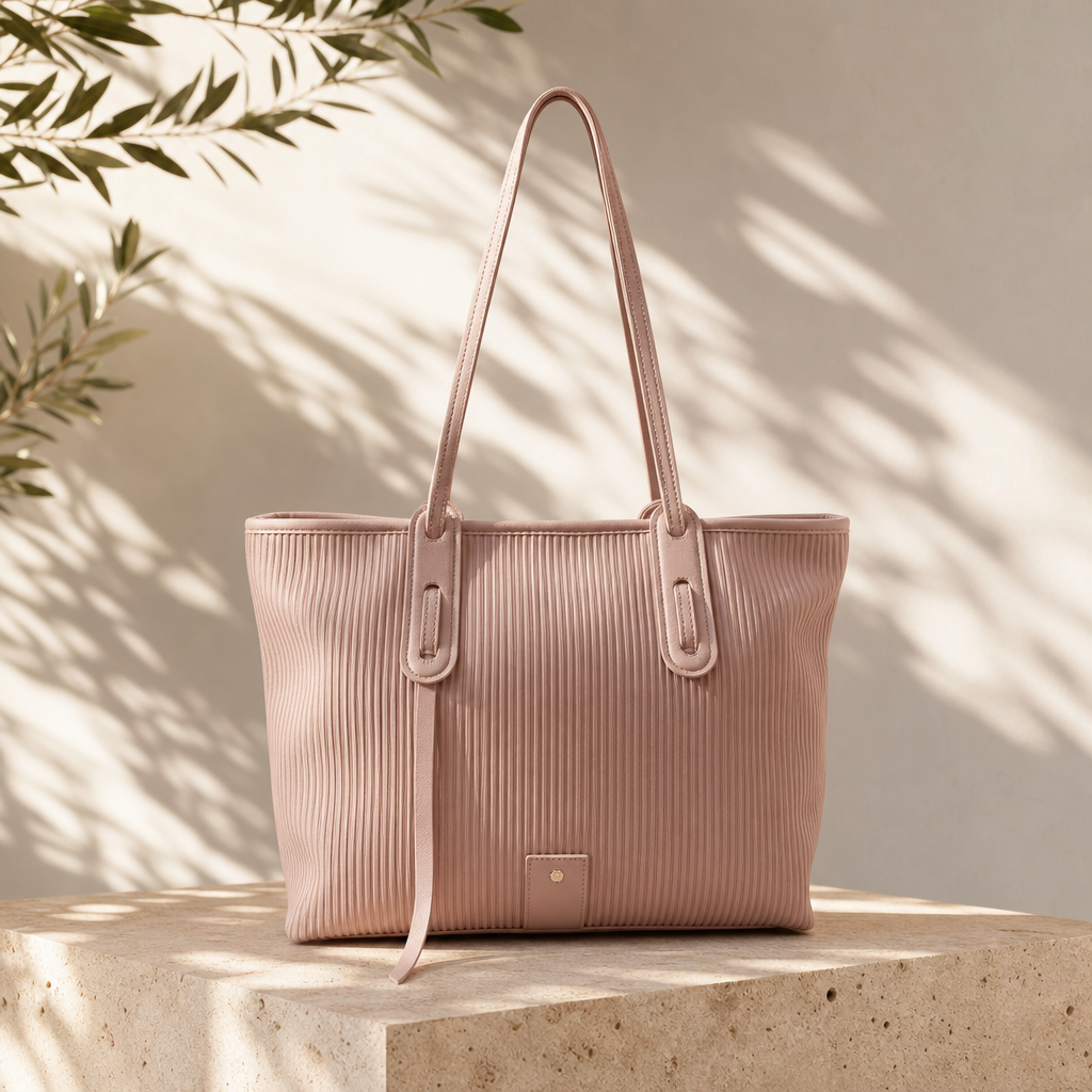 Ribbed Texture Tote Bag with Long Shoulder Straps – Blush Pink