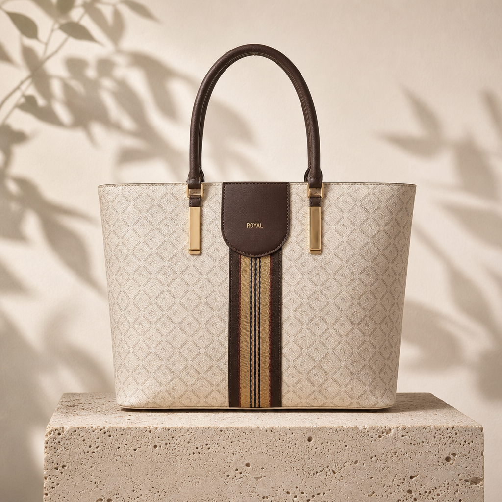 Ivory Monogram Tote with Stripe Trim