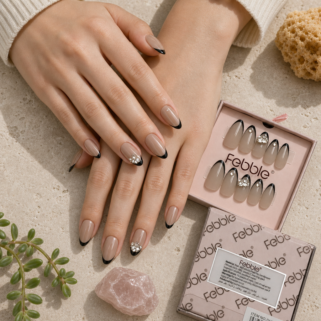 Black French Tip Stiletto Press-On Nails with Rhinestones