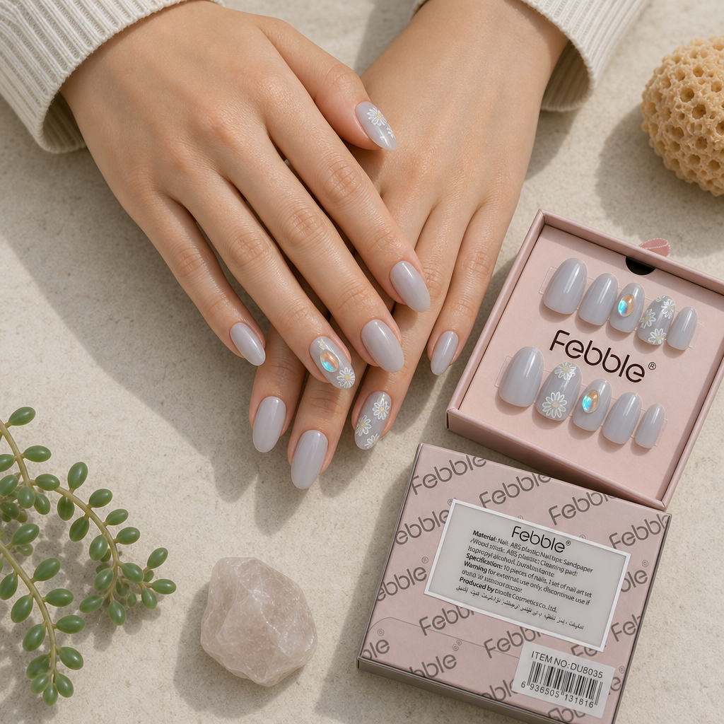 Pastel Grey Daisy Press-On Nails with Gem Accents – 10-Piece Set