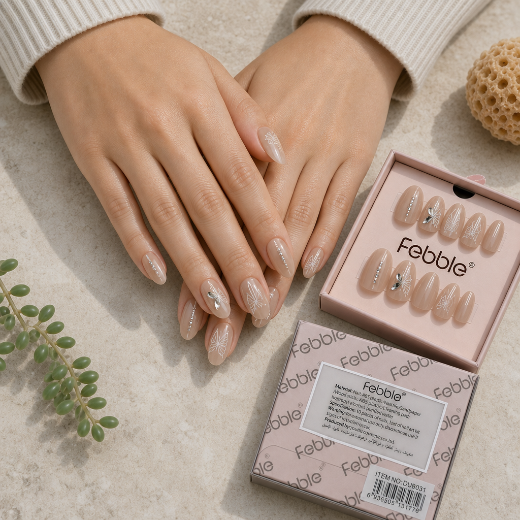 Nude Press-On Nails with Silver Leaf Accents – 10-Piece Set