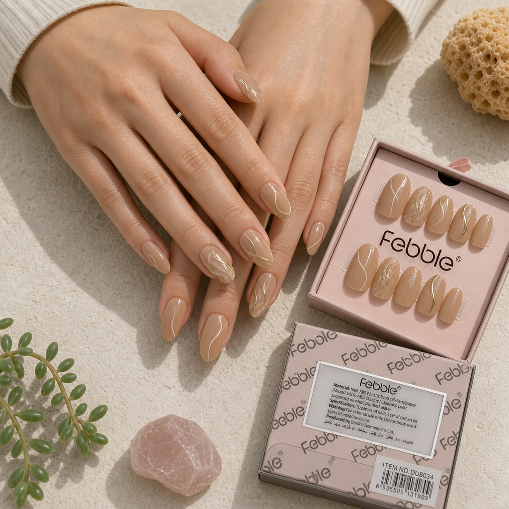 Nude Gold Swirl Press-On Nails – 10-Piece Set