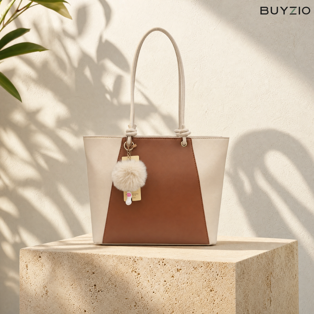 Two-Tone Tote with Pom Charm