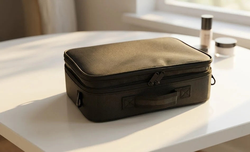 Structured Makeup Case with Brush Holders and Shoulder Strap