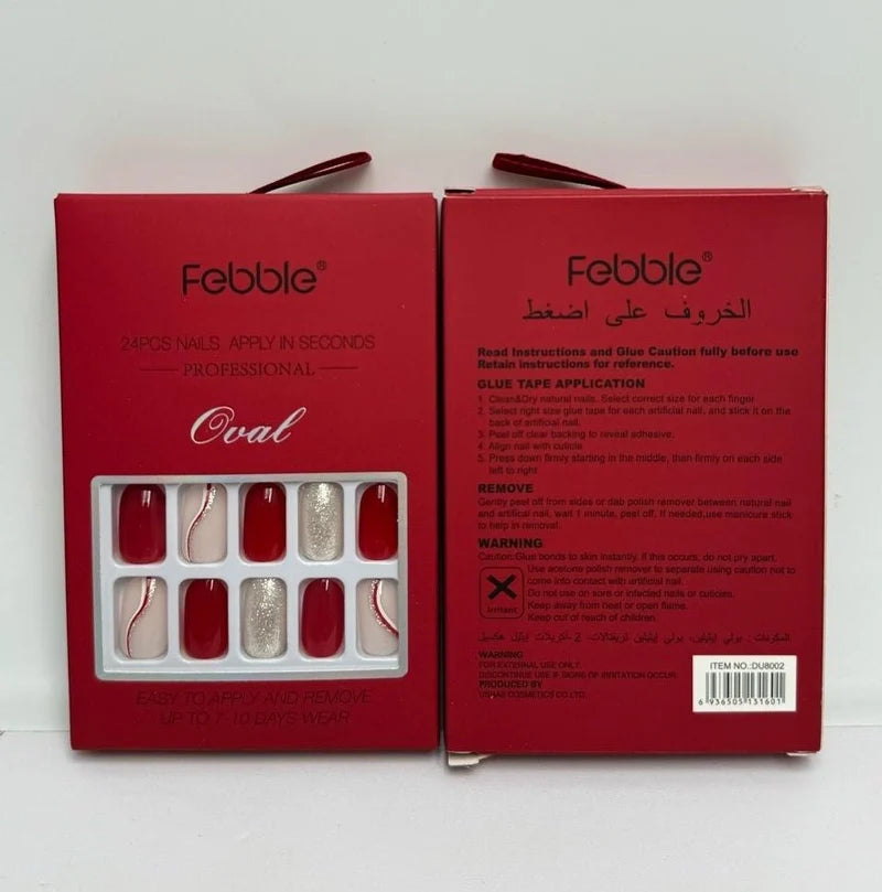 Red & Silver Glitter Oval Press-On Nails – 24-Piece Set