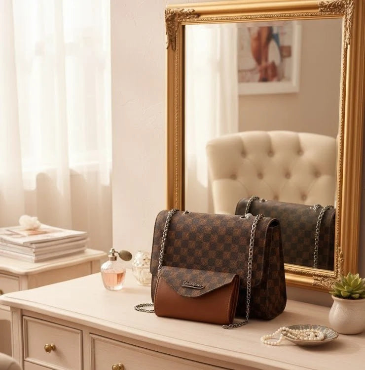 Checkered Print Chain-Strap Bag with Matching Wallet – Brown