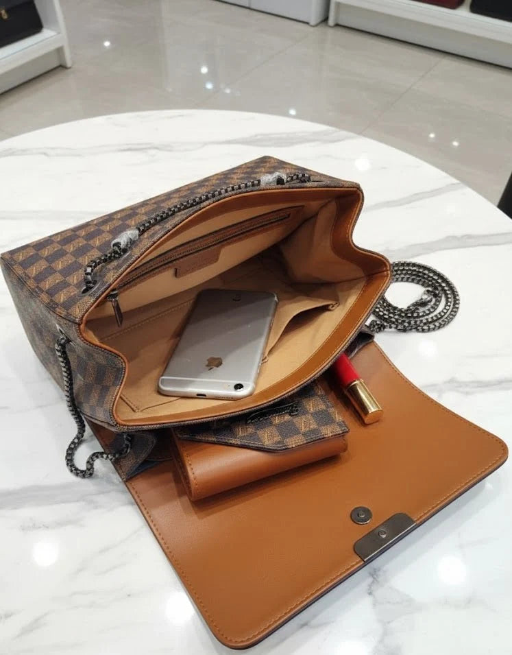 Checkered Print Chain-Strap Bag with Matching Wallet – Brown