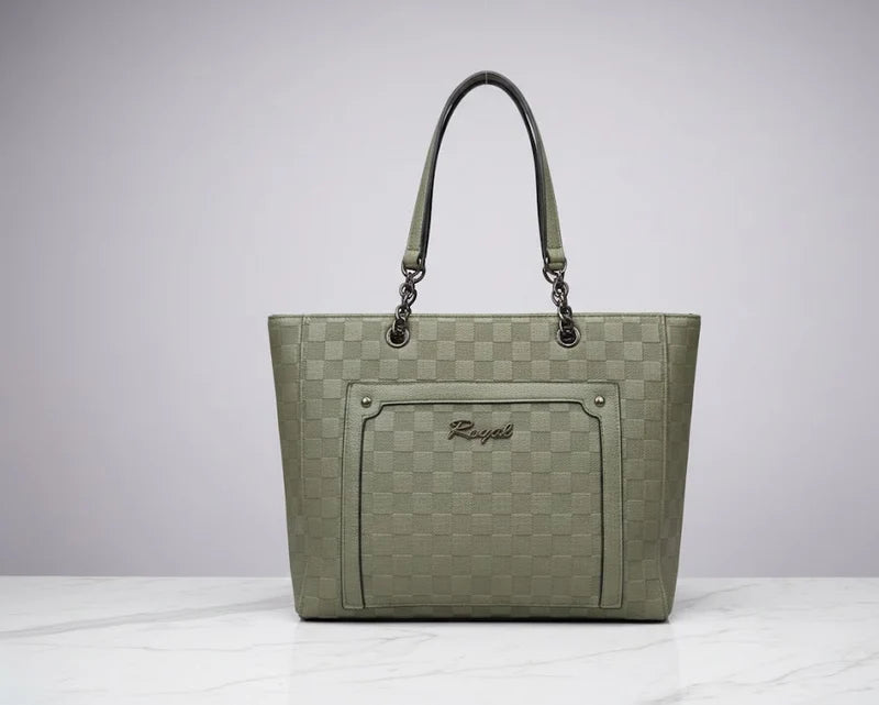 Checkered Print Chain-Strap Tote Bag – Sage Green