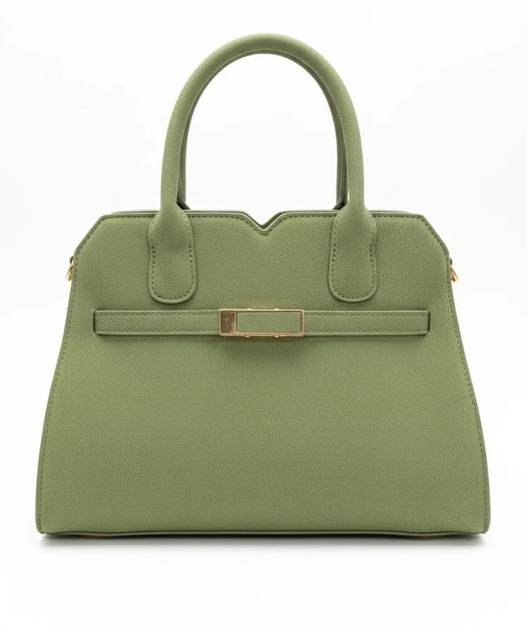 Structured Top Handle Bag with Gold-Tone Buckle Accent