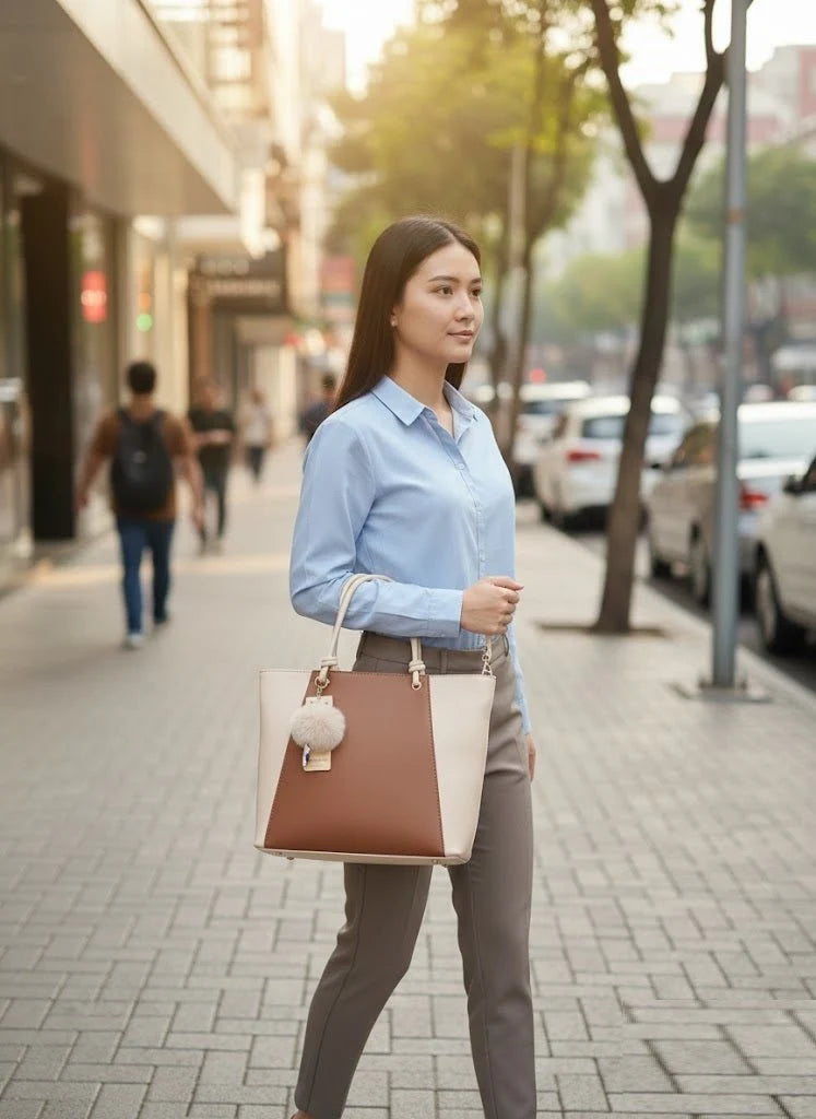 Two-Tone Tote with Pom Charm