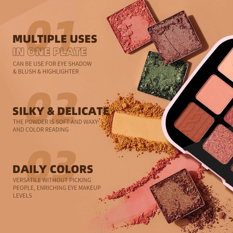 9-Shade Eyeshadow Palette – Matte, Shimmer & Satin Finishes