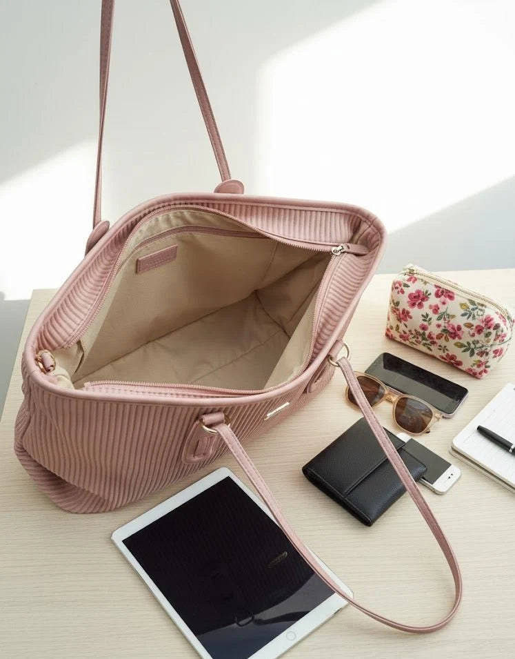 Ribbed Texture Tote Bag with Long Shoulder Straps – Blush Pink