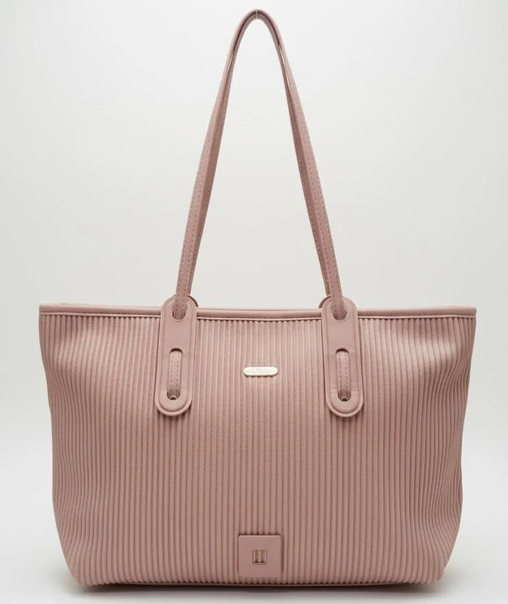 Ribbed Texture Tote Bag with Long Shoulder Straps – Blush Pink