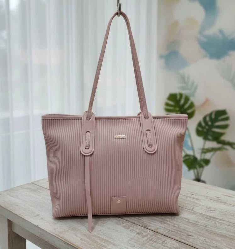 Ribbed Texture Tote Bag with Long Shoulder Straps – Blush Pink